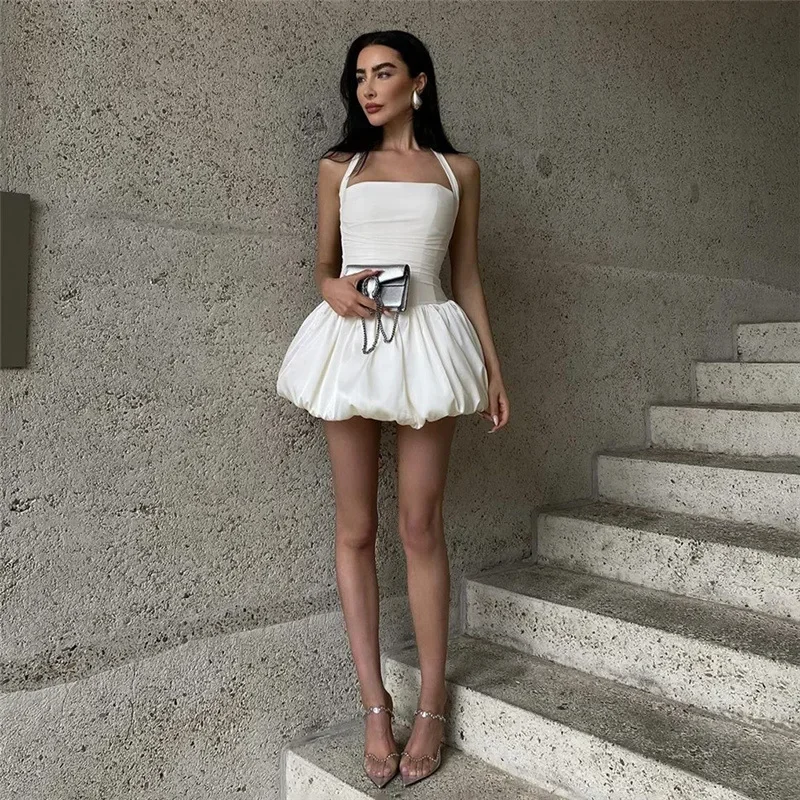 

Women Elegant Solid Halter Short Flower Bud Dress Sexy High Waist Backless Lace Up Mini Dresses 2024 Female Chic Party Vestidos