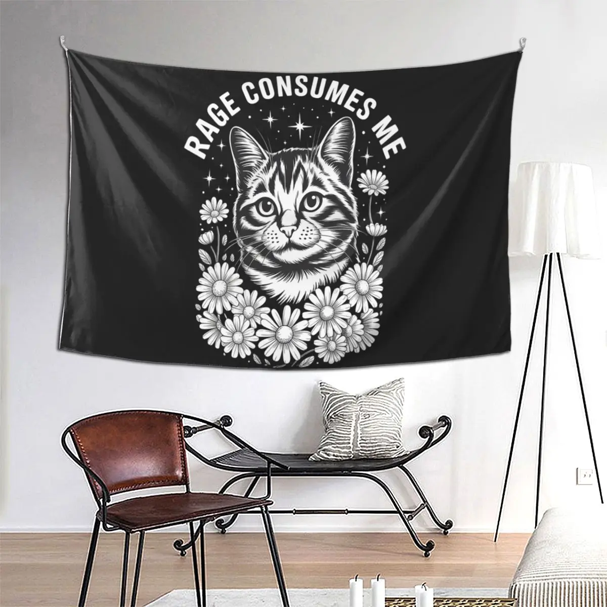 

Милый кот Rage Consumes Me Забавный саркастический котенок Цветочный гобелен Художественный настенный эстетический домашний гобелен для гостиной Спальни