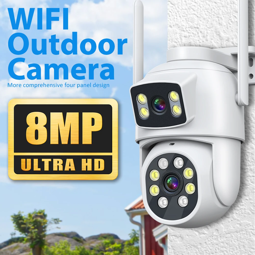 

4K 8MP WiFi Camera Outdoor 4X Zoom Three Lens Dual Screens 6MP CCTV Video Cam Auto Tracking Security Protection Surveillance