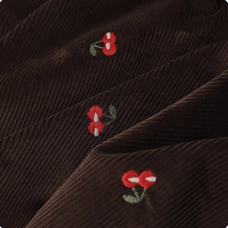 

Ins style brown cherry polka dot embroidered corduroy fabric for shirt, dress, pants and children's clothing diy cotton fabric