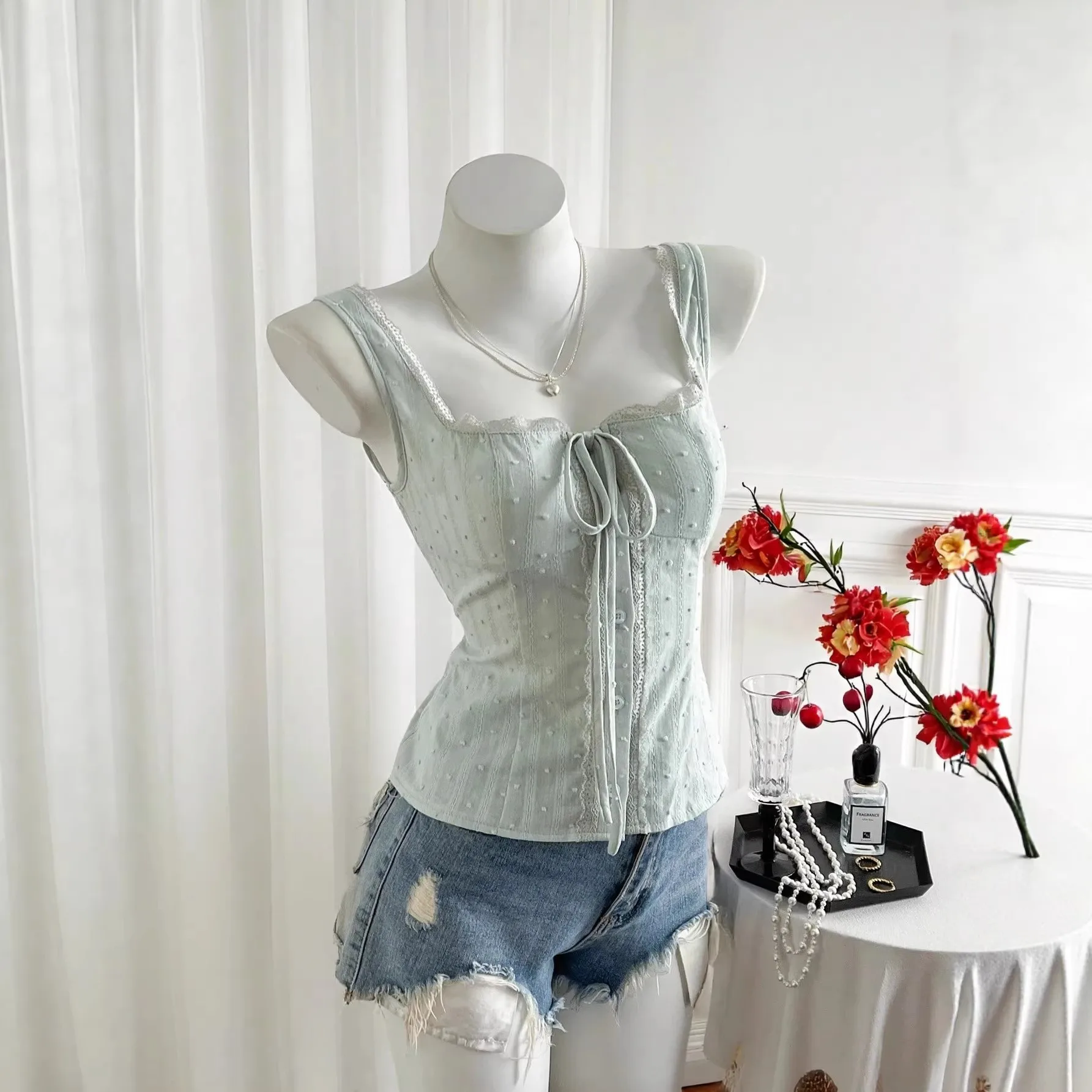 Women Tank Top Summer Clothes Wide Strap Crop Camisole Corset Style Lace Trim Sleeveless Top Pastel Green Loose Fit Vest