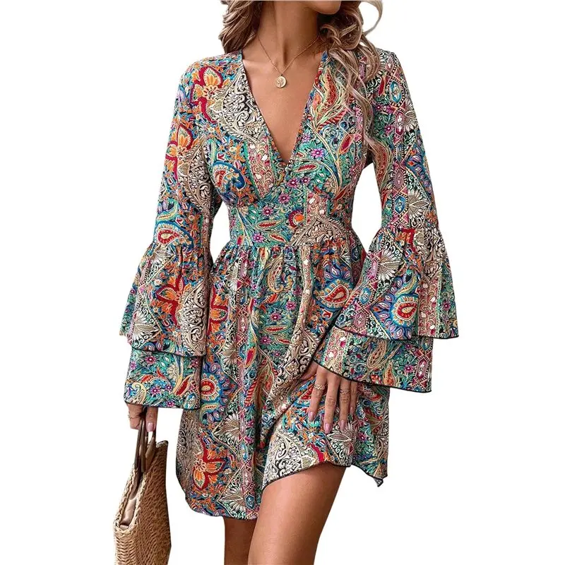 ABRT-Women Print Wrap Boho V Neck Short Flared Sleeve Elastic Waist Drawstring Flowy Mini Dress