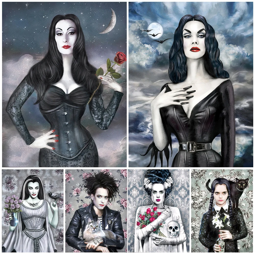 Gothic Horror Witch And Vampire Vintage Wall Art Canvas Painting Spooky,Black Cat, Goth Rock Witchcraft Poster Print Home Decor