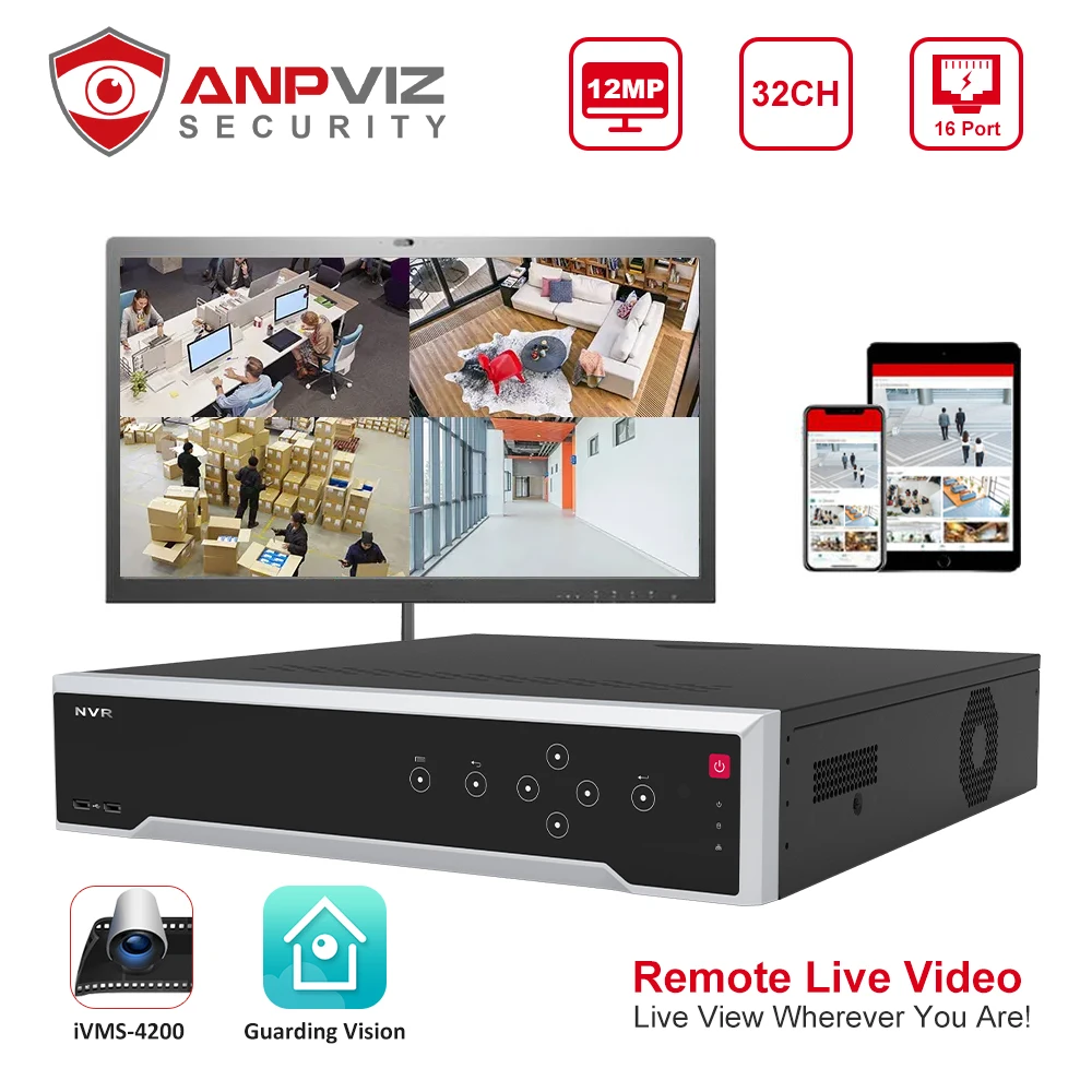 

Anpviz 12MP AI 32CH POE NVR HK OEM DS-7732NI-K4/16P Network Video Recorder For IP Camera CCTV Video UP to 40 TB HDD