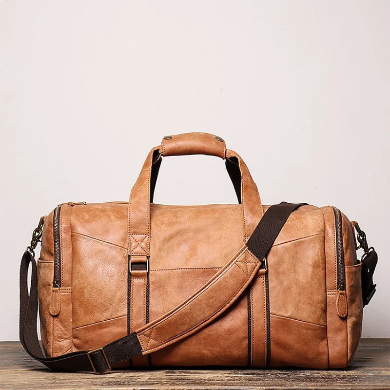 Vintage Genuine Leather Men's Travel Duffle Bag, Large Capacity Handbag Shoulder Crossbody Bag for Women