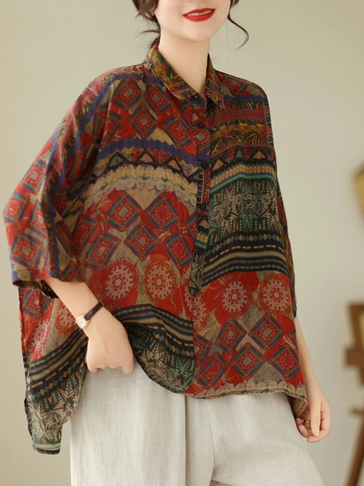 Loose Women's irt Summer Sle Floral Print Cotton Linen Batwing Sve Casual Faionable Top for Office Commute