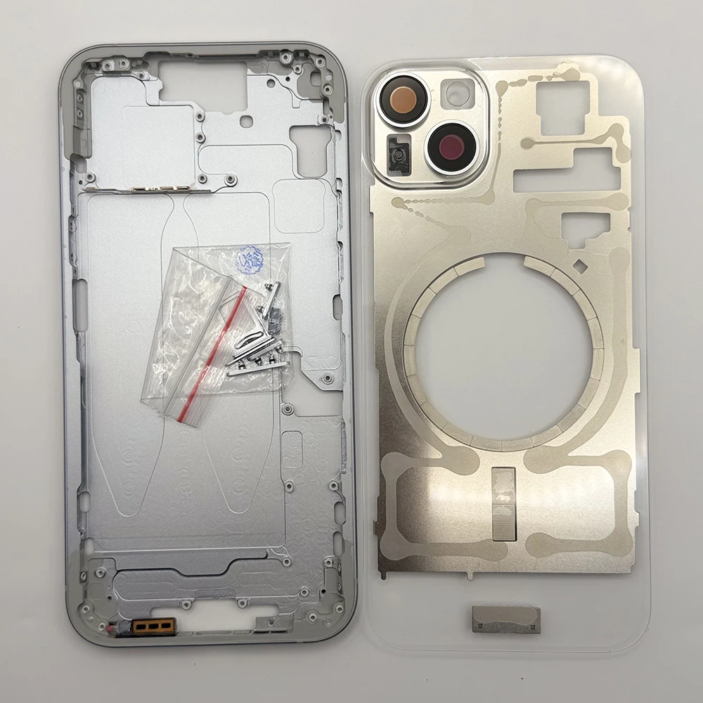 All-In-One For iPhone 15 15 Plus Transparent Back Glass With Middle Frame Built-In Magnetic Coil,Toolkits & Adhesives Included