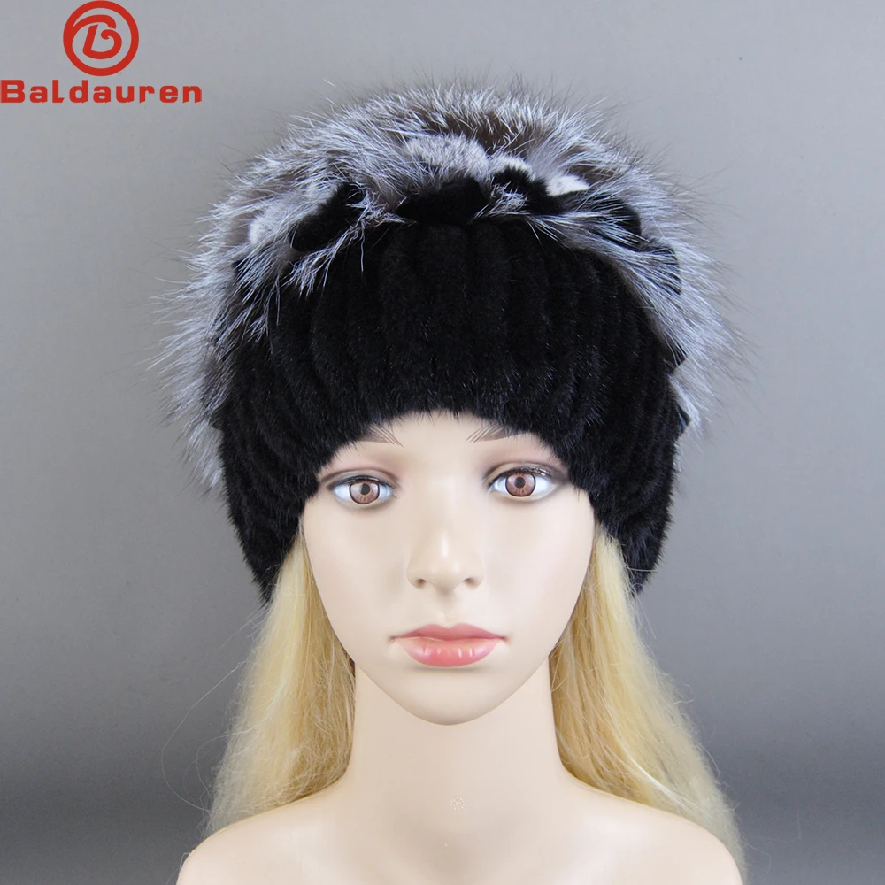 2025 Women Beanies Knitted Luxury Flower Real Mink Fur Beanies Hats Real Silver Fox Fur Hat Female Natural Mink Fur Winter Hats