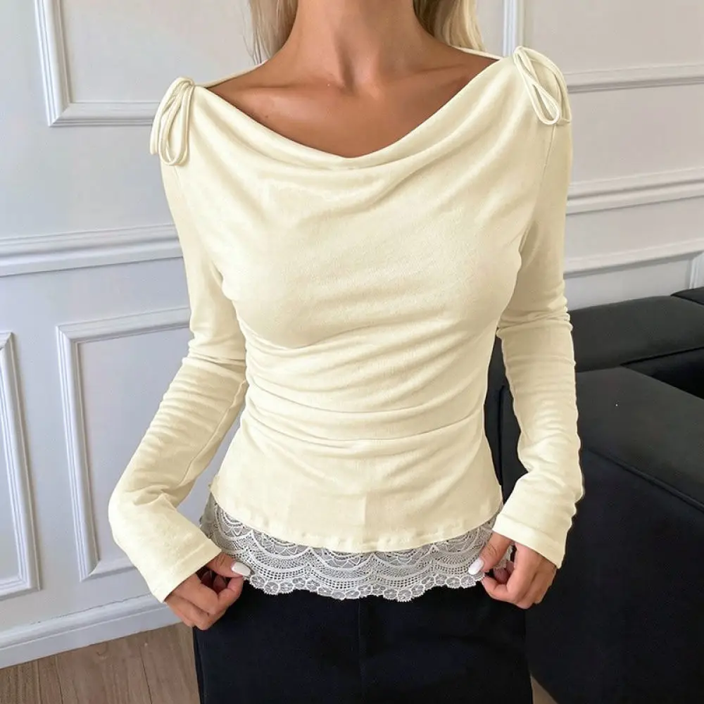 Autumn Winter Sexy Long Sleeve Tee Women Slim Fit Pullover Solid Color Lace Patchwork Fashionable Casual Elegant Soft Knit Tops