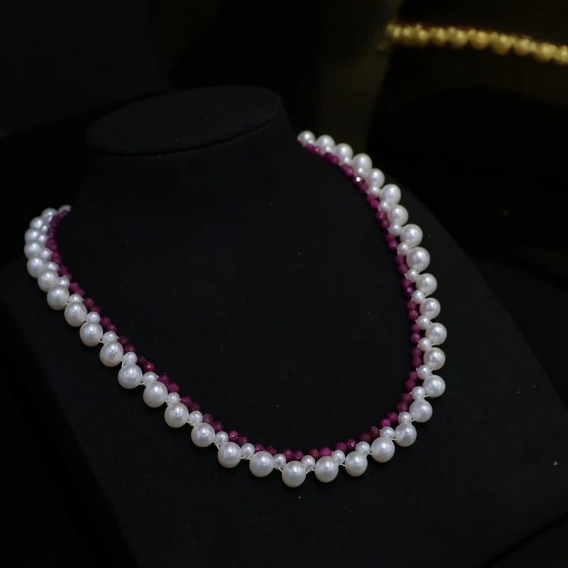 

SGARIT Natural Freshwater Pearl Choker Set with Rubies 14k Filled Gold Choker Woman Pearl Necklace