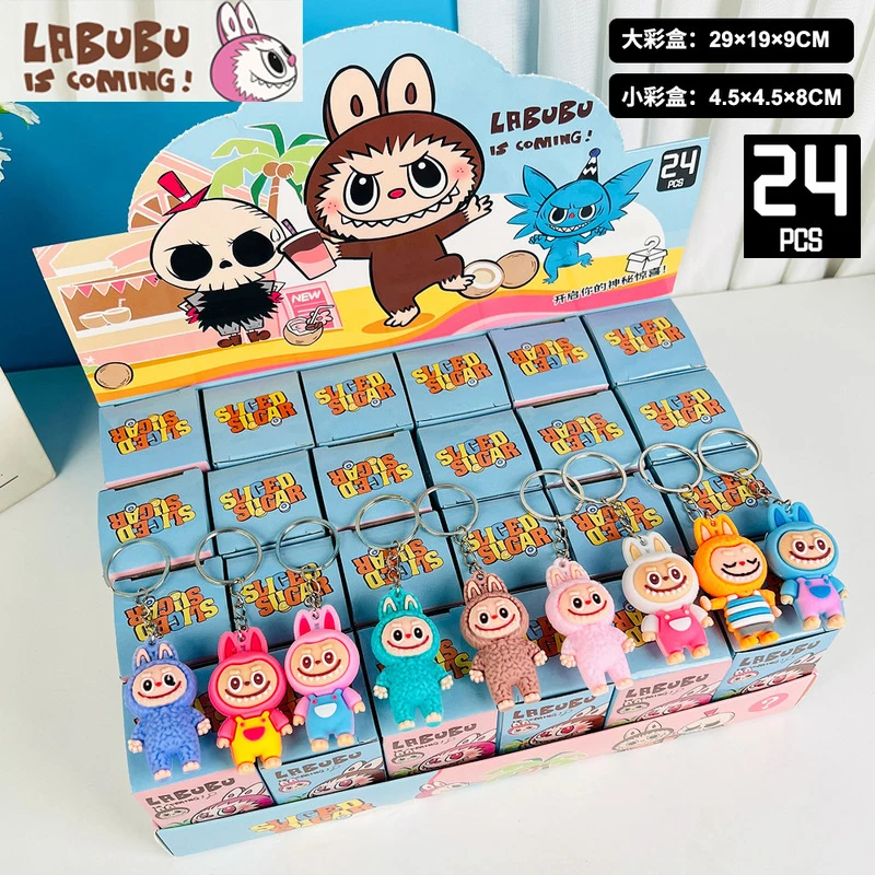 24pcs Labubu Blind Box Keychain Pvc Small Pendant Cute Kawaii Cartoon Keychain Mystery Box Bag Decorations Wholesale Kids Gift