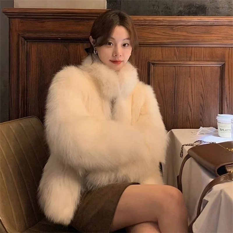 Winter Female New Imitate Fox Fur coat Top 2023 Women  Short Loose Fur Coat Youth Standing Collar Coat Solid color Warm Cardigan