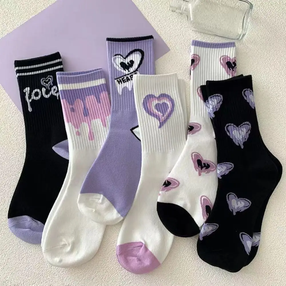 Ins Heart Women's Stockings Stripe Sport Style Cartoon Short Socks Purple Patchwork Mid Tube Socks Girls