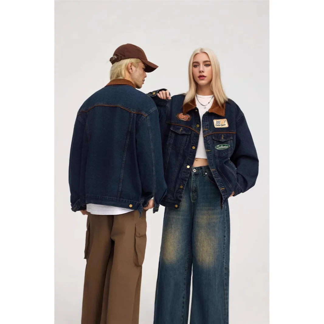 

Zekye женская винтажная джинсовая куртка в стиле пэчворк с воротником большого размера, свободная уличная одежда, осень-зима, повседневная вышитая значок