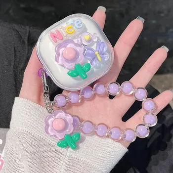 Étui pour écouteurs Samsung Galaxy Buds Live FE 2 Buds2 Pro, fleurs 3D coréennes, étui souple Transparent avec Bracelet de perles