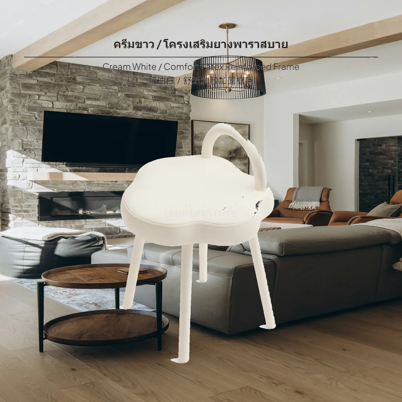 Cream Style Armchair with Carbon Steel Frame Comfy Makeup Stool Upholstered Chair for Bedroom and Studio