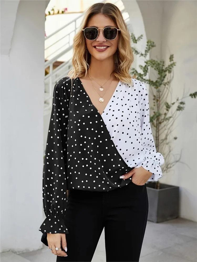 Women\'s Shirt Spring Autumn Polka Dot Color Block Print Long Sleeve Loose Blouses And Tops Casual V Neck Offfice Lady Shirts