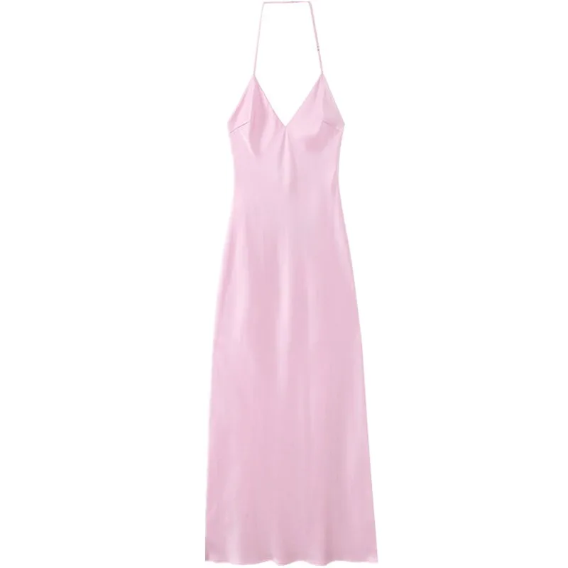 فستان ميدي بملمس حريري ساتان، تصميم أزياء نسائية صيفية جديدة لعام 2025، فستان بخصر مرتفع وقصة A، ياقة على شكل V بدون أكمام