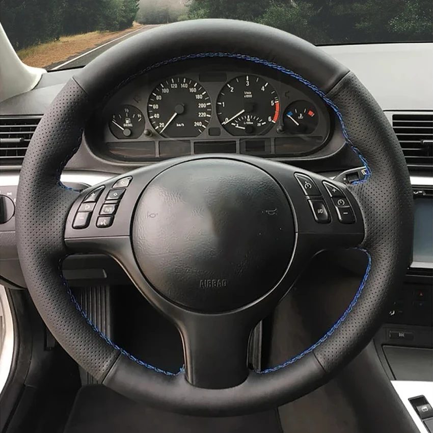 Black Faux Leather Car Steering Wheel Cover for BMW M Sport 3 Series M3 E46 5 Series M5 E39 2000-2006