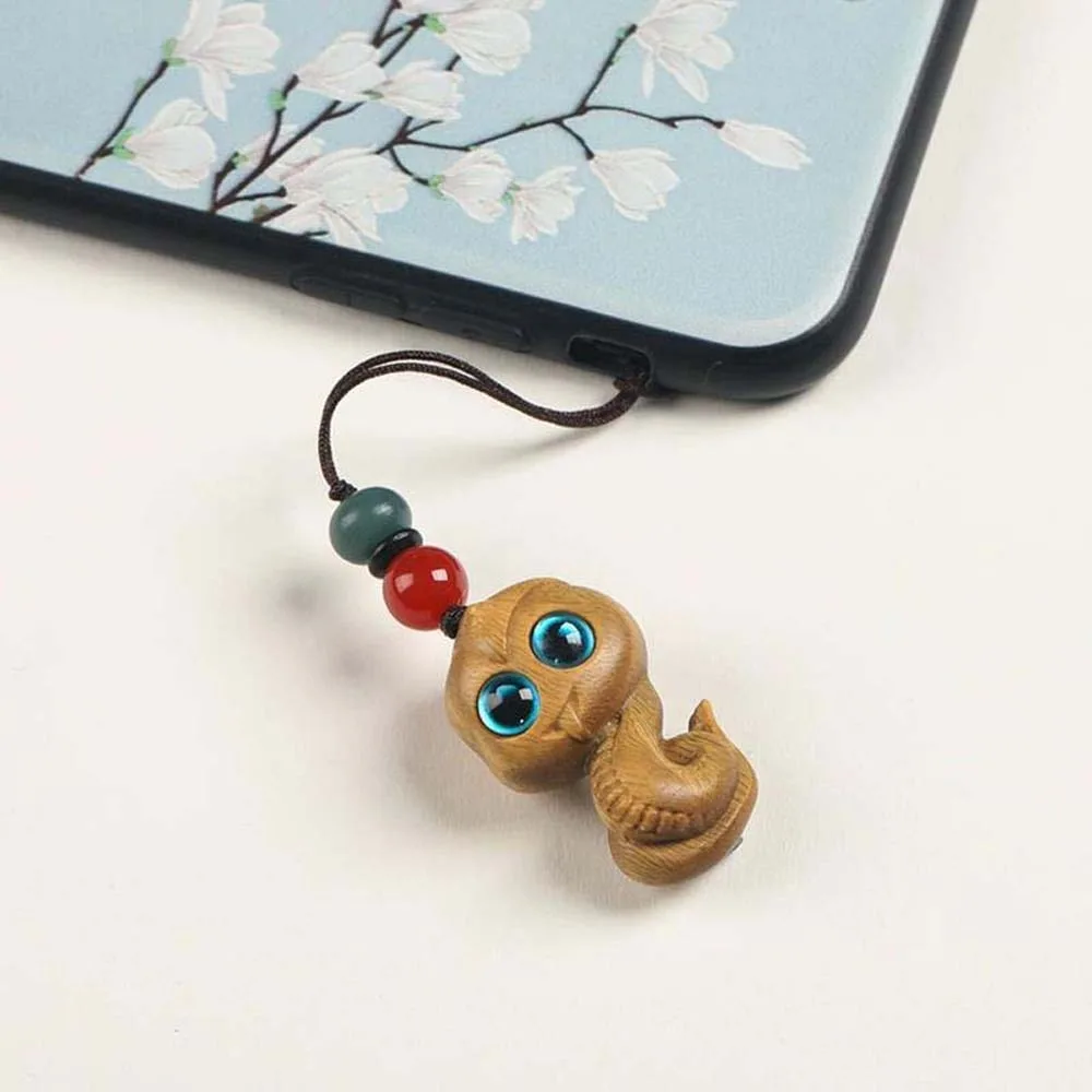 Mini Zodiac Snake Keychain Cyan Eyes Waterproof New Year Carved Pendant Weaving Rope Auspicious