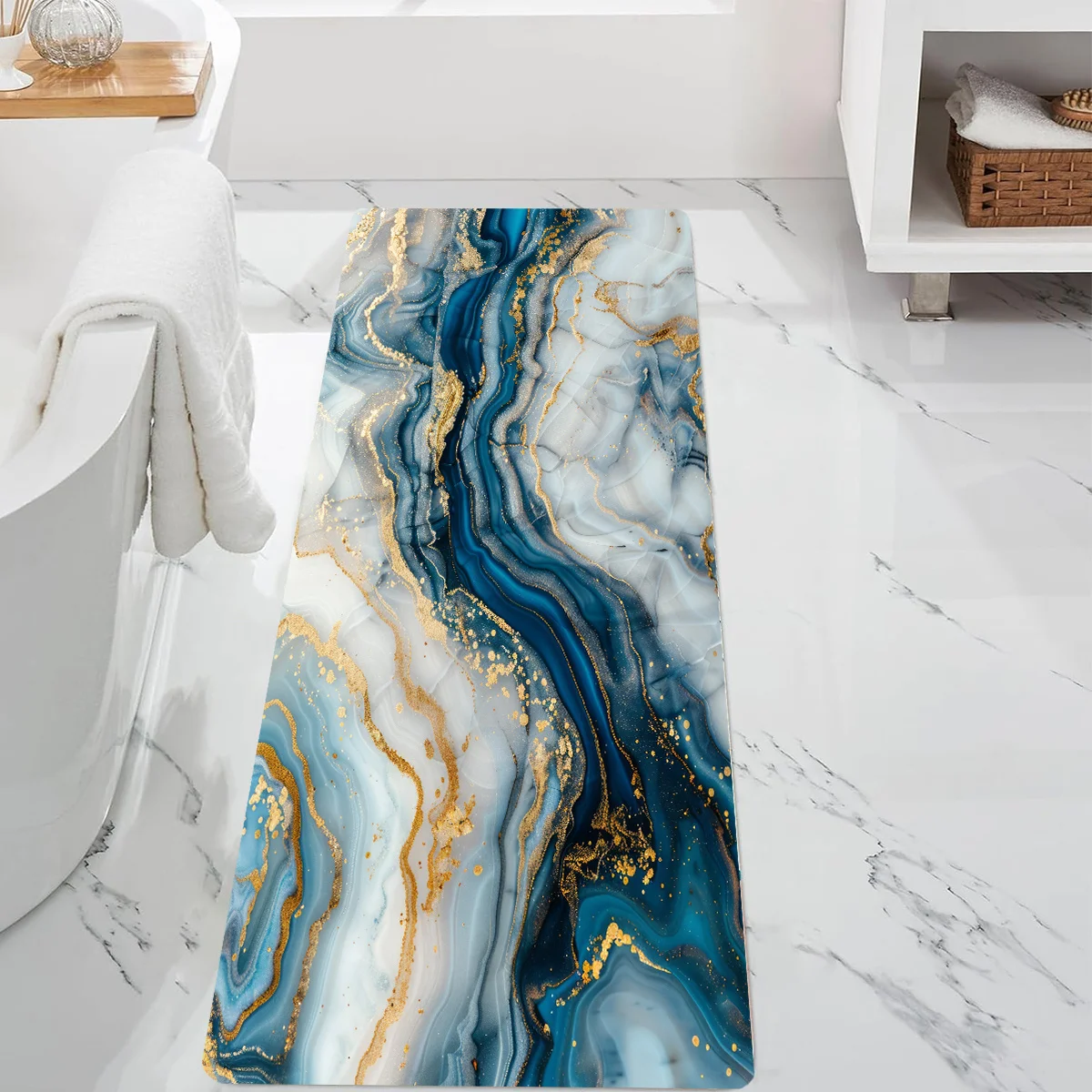 Modern Marble Texture Bathroom Runner Rug - Creative Abstract Stone Art Design - Indoor Home Bathroom Decor Carpet Floor Mat