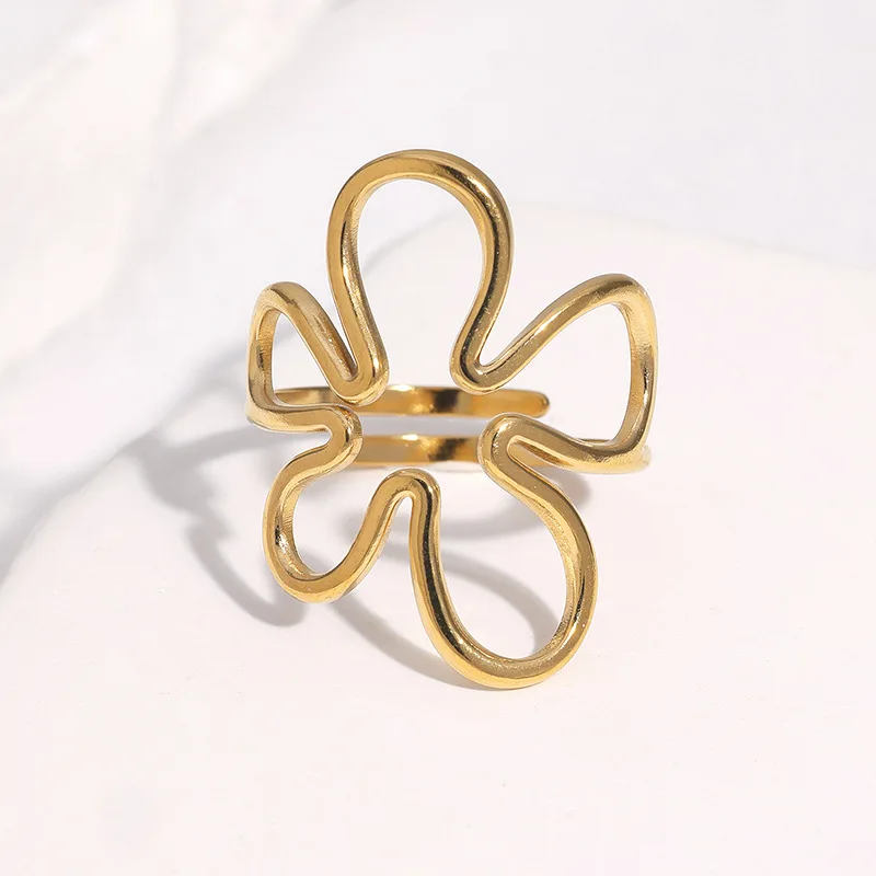 Simple Hollow Flower Open Ring Gold and Silver Abstract Flower Stainless Steel Ring Trendy Jewelry for Women's Daily Dating Wear