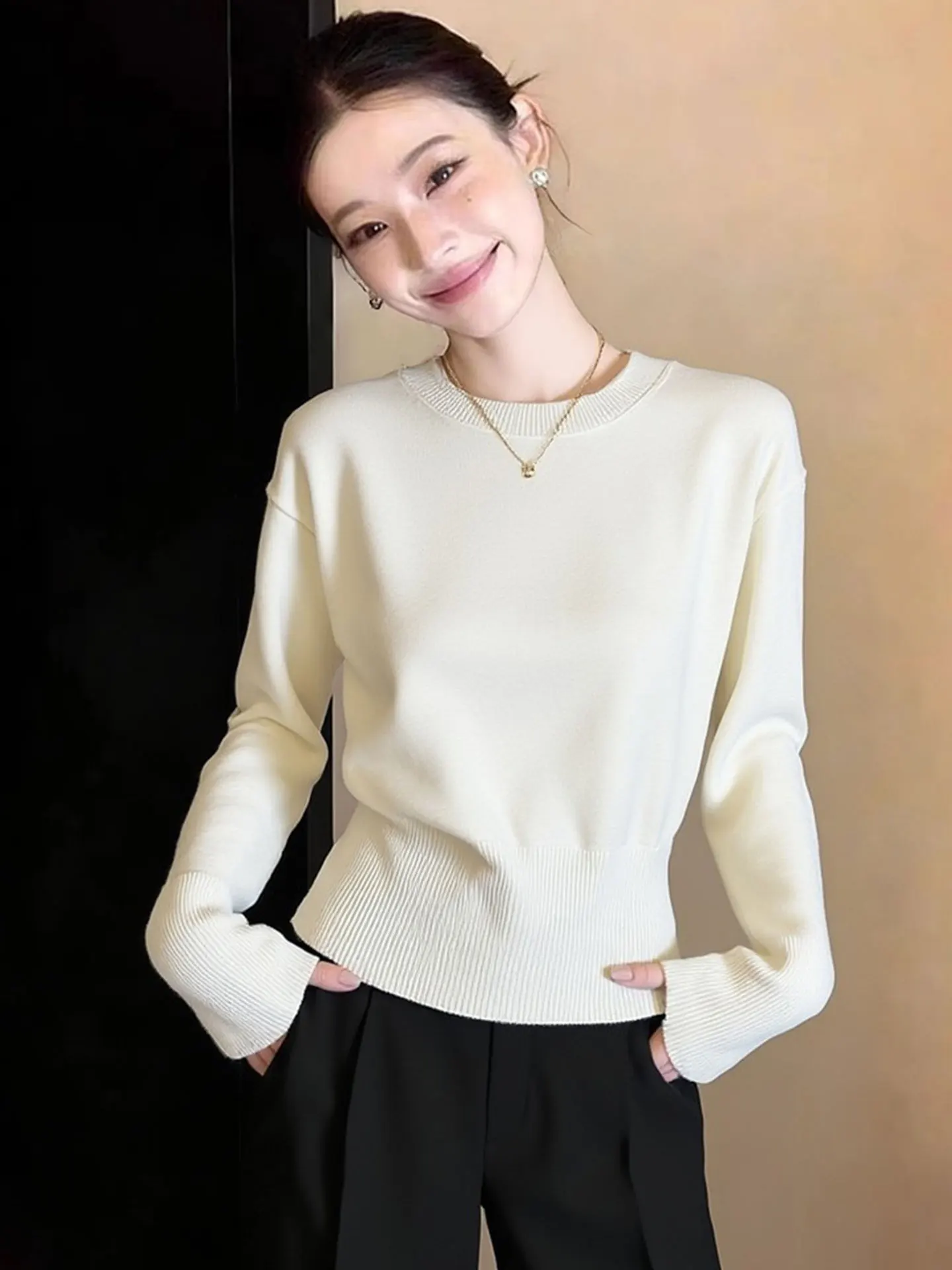 

Ele Pure Color round Ne Long Sve Knitted Sweater Casual Versatile Spring Women's Top Comfortable Midweight Korean Sle