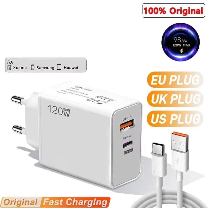 Зарядное устройство 120 Вт, турбо-быстрая зарядка, настенный адаптер Hypercharge, USB 6A, кабель типа C для Xiaomi 13 12 11 Ultra Redmi
