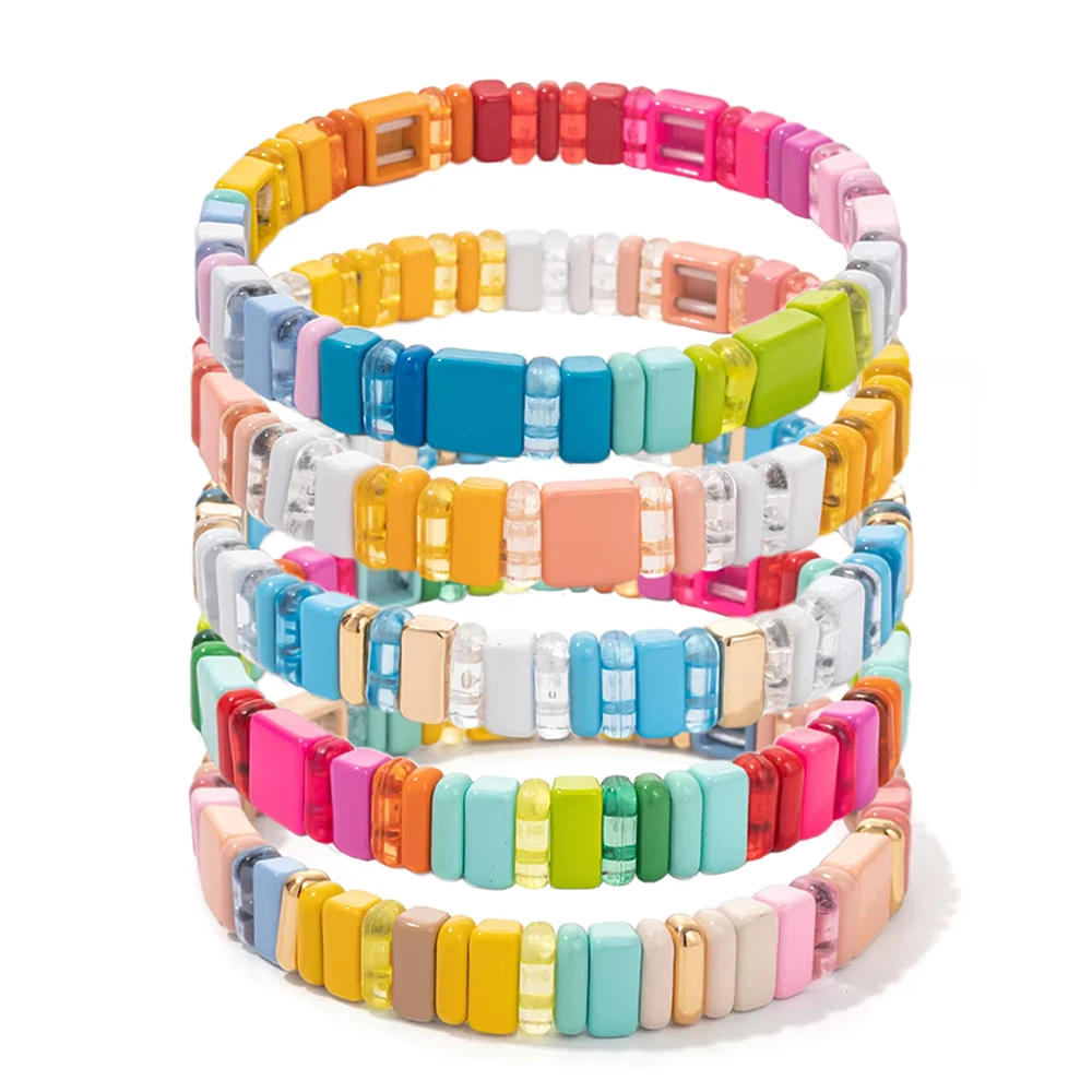 2022 New Design Colorful Elastic Bracelets For Women Rianbow Acrylic Shiny Bracelets Bohemian Metal Bracelets Beads Jewelry