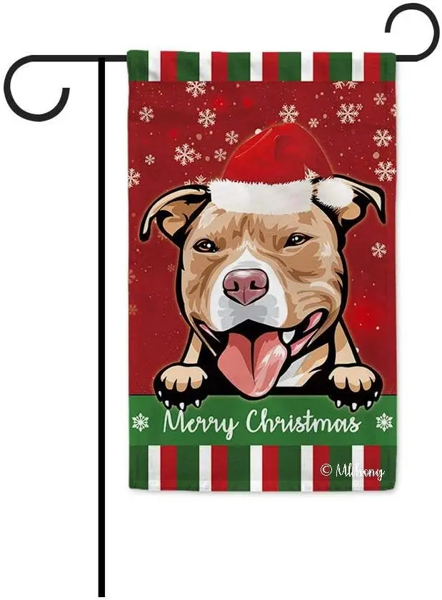 Merry Christmas Cute Dog Garden Flag Dog Pit Bull with Santa Hat Snowflake Xmas Green Red Small Flag for Indoor Outdoor Yard Hom