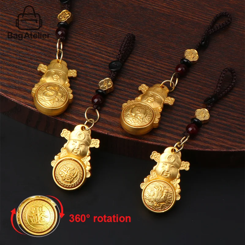 God Of Fortune Zodiac Keychain Pendant Brass Attract Wealth Rotating Decompression Car Keychain Feng Shui Bag Hanging Jewelry