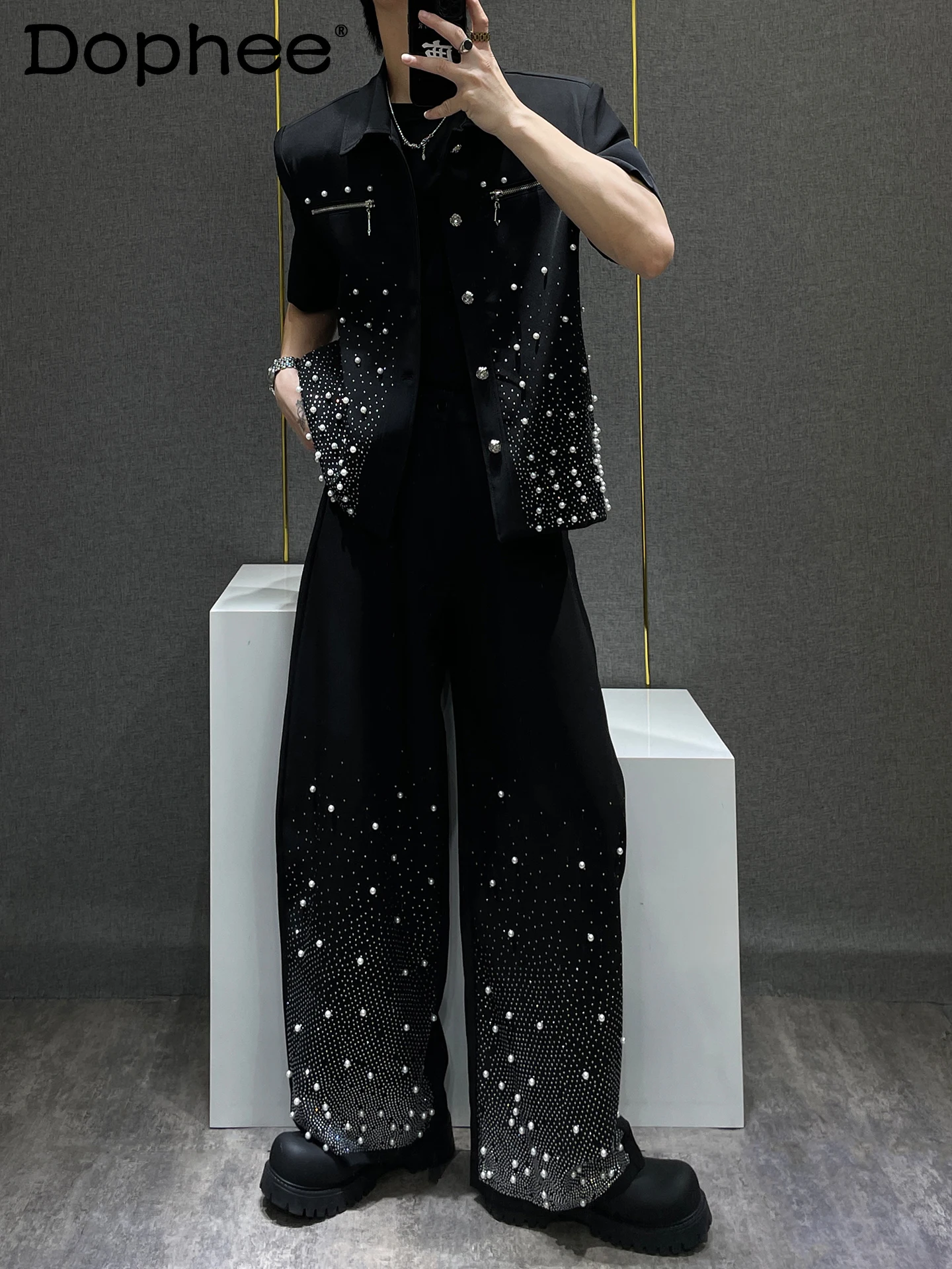 2025 New Fashion Trend High-End Heavy Rhinestone Black Jacket Set for Men Summer New Stylish American High Street Two-Piece Set