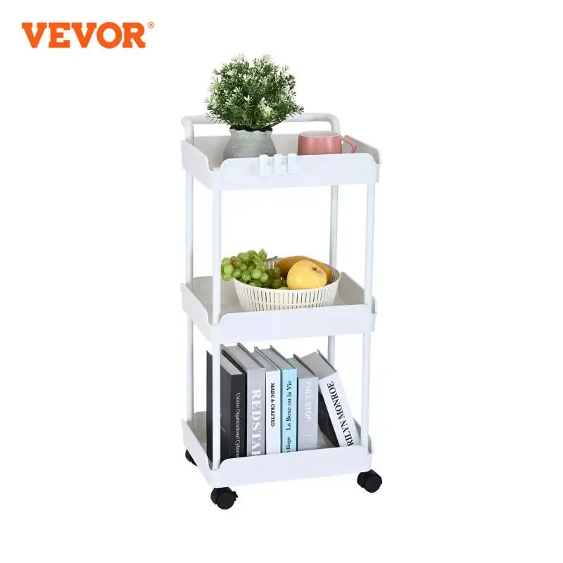 VEVOR 3/4-Tier Rolling Utility Cart with Handle Lockable Wheels Storage Trolley for Living Room Kitchen Movable Basket Shelves