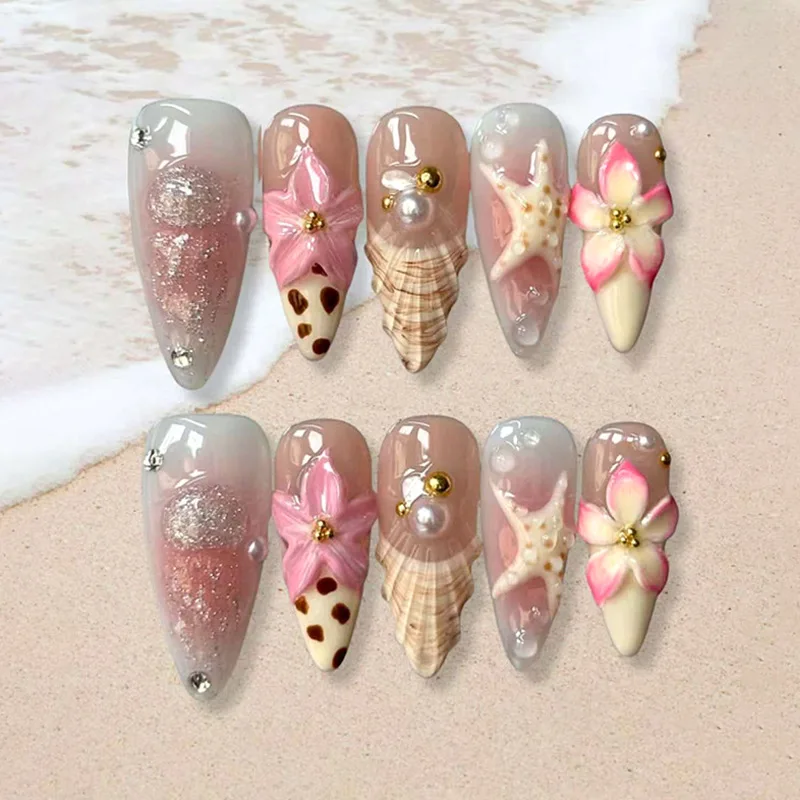 

24Pcs Long Stiletto Fake Nail 3D Flower Starfish French False Nails Press on Shiny Powder Jellyfish Pearl Reusable Manicure Tips