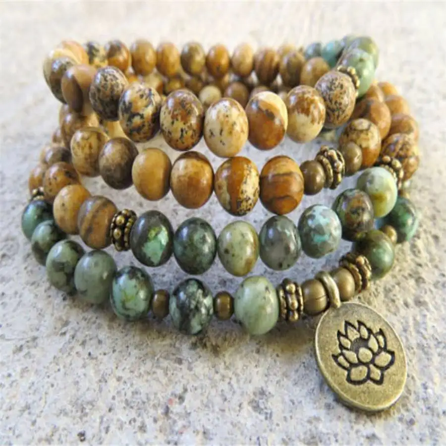 

6mm African Turquoise Picture Gemstone 108 Bead Mala Bracelet Prayer Tibetan Buddha Buddhist Bohemian Meditation Sacred Nirvana