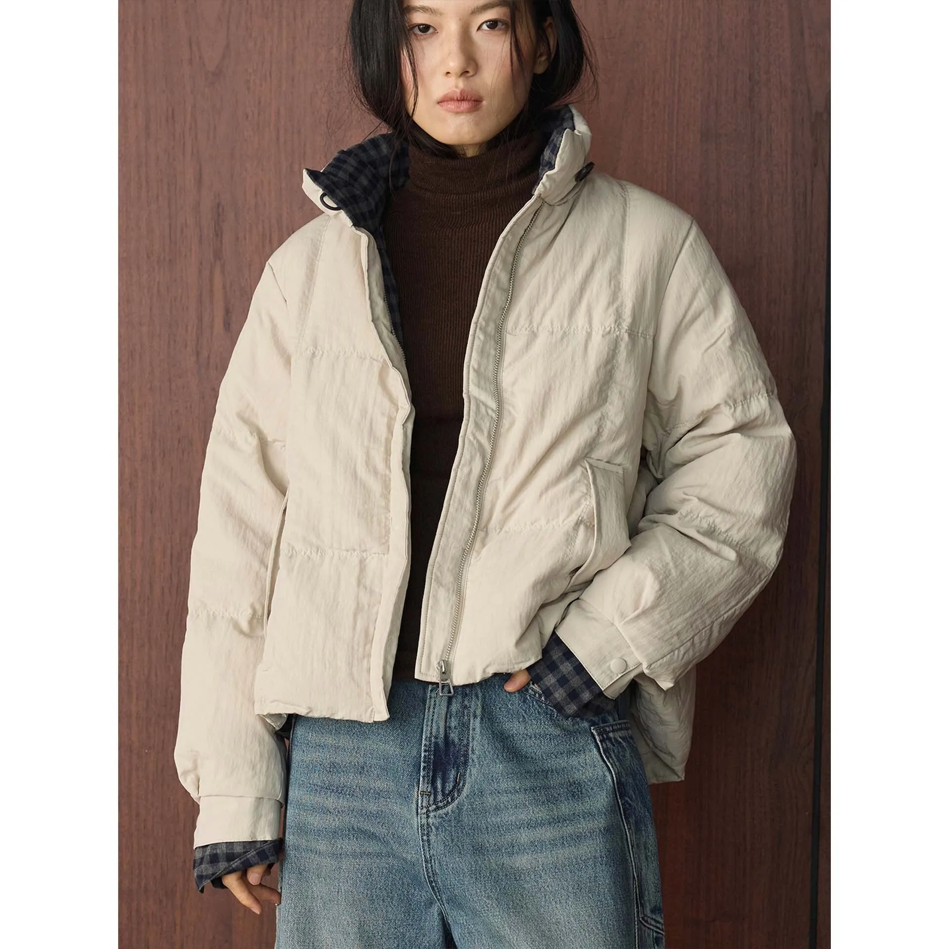 Winter Plaid Color-block Short Down Jacket Warm Coat For Women