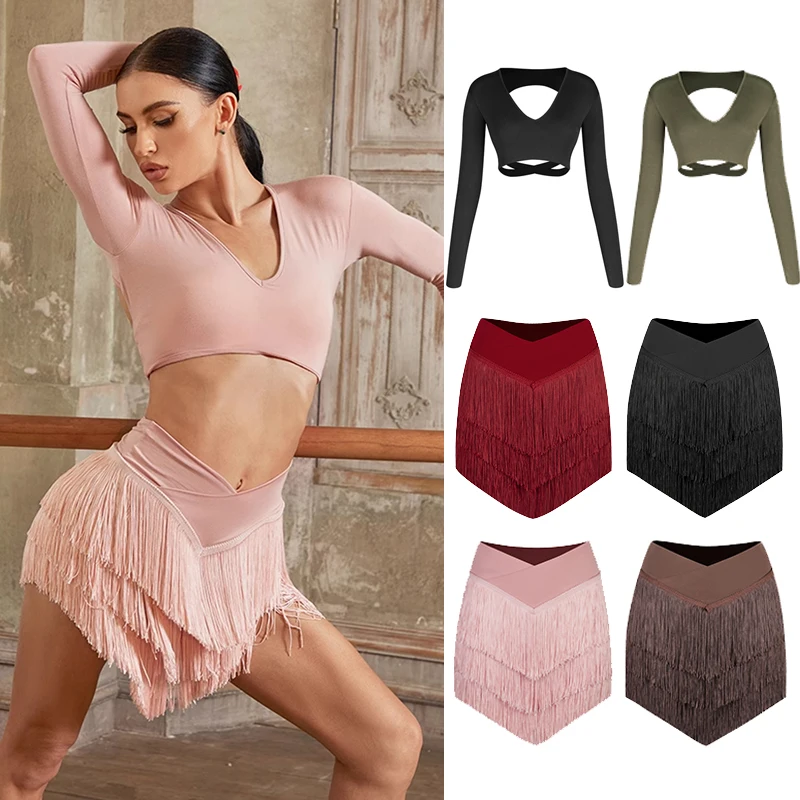 

New Latin Dance Clothes Long Sleeves Backless Tops Fringe Skirt Women Cha Cha Rumba Samba Dance Training Practice Wear DNV21081