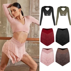 New Latin Dance Clothes Long Sleeves Backless Tops Fringe Skirt Women Cha Cha Rumba Samba Dance Training Practice Wear DNV21081