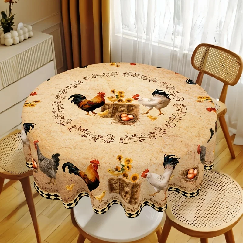 2D flat-print round tablecloth, 1-piece turkey pattern tablecloth, with a rural farmhouse style and chicken themexzj