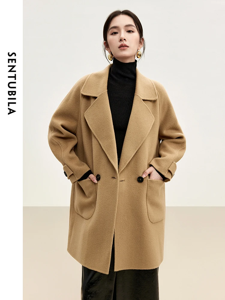 SENTUBILA Texture 100% Woolen Coat Jackets for Women 2024 Winter Fashion Solid Big Pockets Mid-length Warm Coats W44O56016