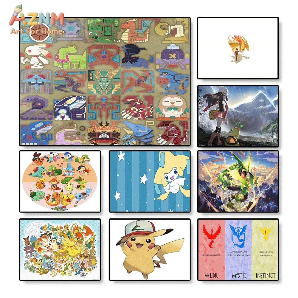 AZNM Pokemon Rayquaza Pikachu Sinnoh Trainer Jirachi Team Instinct Mystic Valor Pôster de Arte em Tela para Parede