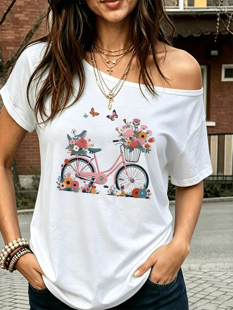 Summer Retro Bicycle with Butterfly Flower Print Streetwear Y2K T-shirt Off Shoulder Graphic Tee Oversized Women's Top Girls