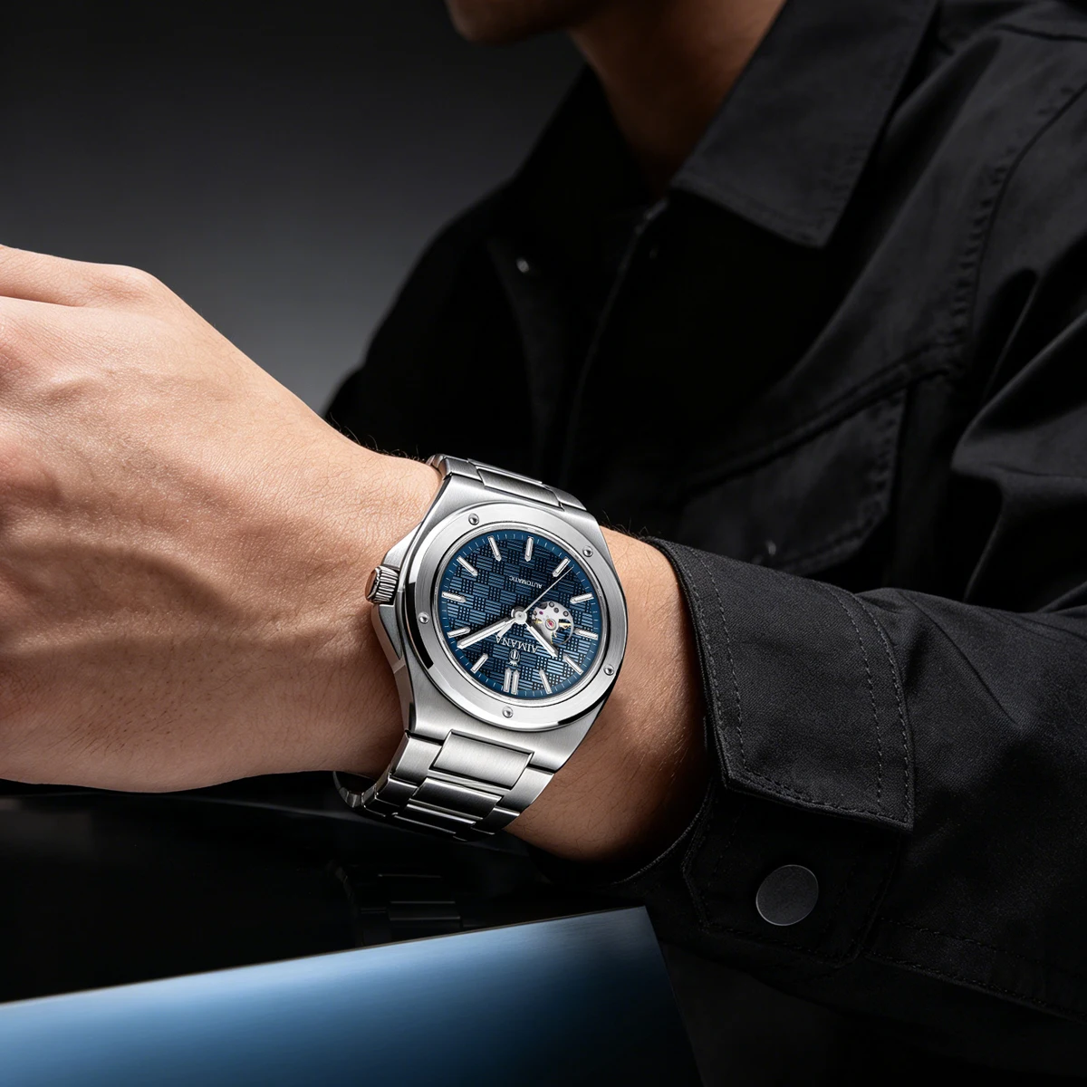 AIMANA Men Automatic Mechanical Watch Waterproof Stainless Steel Strap Rose Gold Case Black Grid Dial Rivet Bezel Luxury Busines