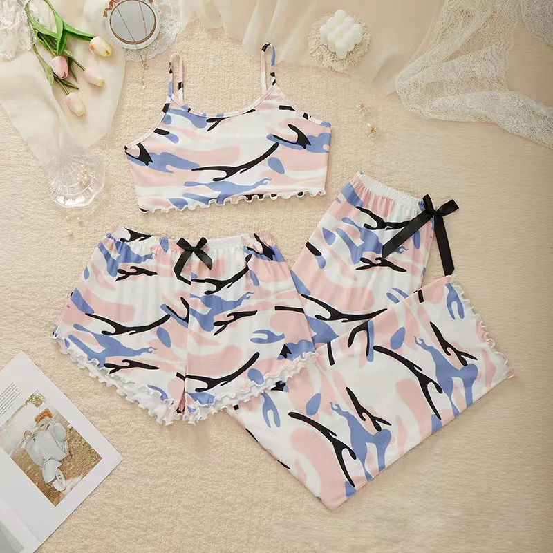 2024 New Suspender Shorts Trousers Three-Piece Fashion Casual Bow Tie Home Wear Set Women'S Casual Pajamas Set