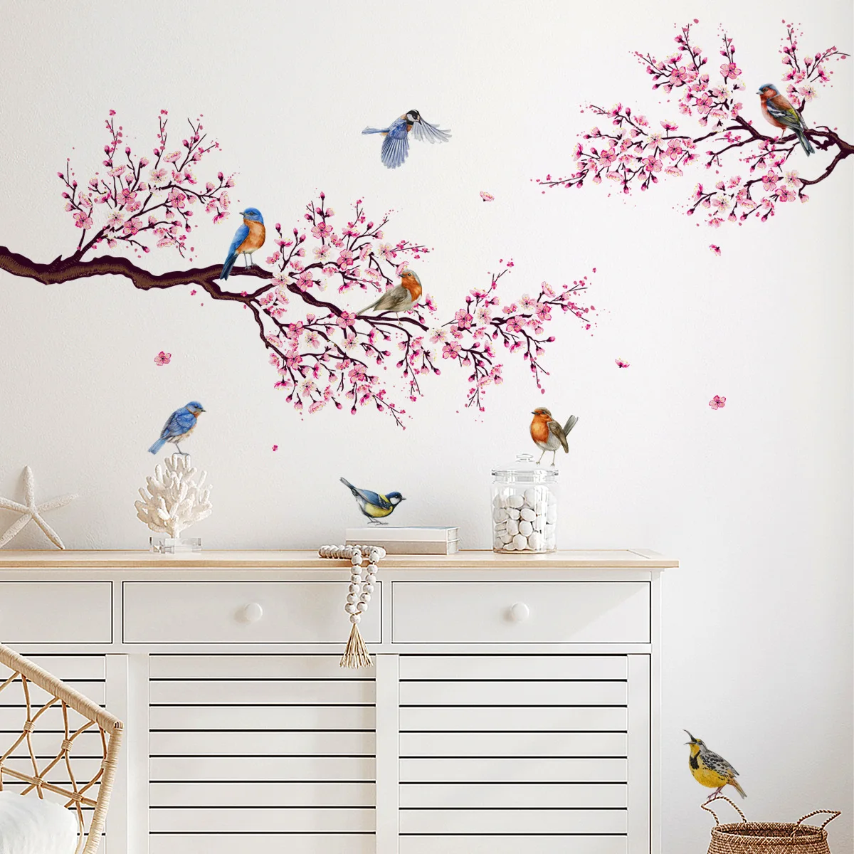 Pink Peach Flowers Wall Decals Cherry Blossom Tree Branches Wall Stickers DIY Removable Flying Birds Decor for Living Room Decor