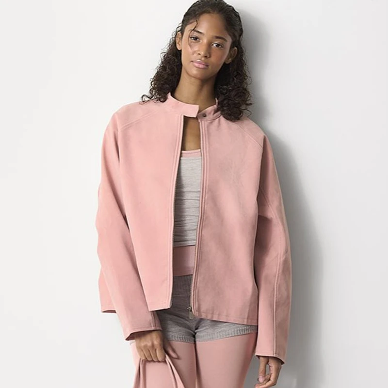 Kurtka damska TARUXY w stylu vintage, zamszowa, zapinana na zamek, ze stójką, prosta, z długim rękawem, luźna, codzienna, jesienne nowości, modna kurtka w stylu high street.