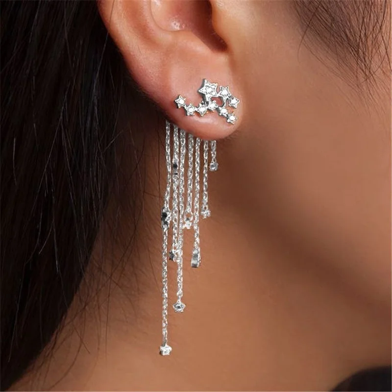 1 Pair Women Glistening Star Tassel Drop Earrings Shining Chains Dangle Earrings Fashion Jewelry for Gift Crystal Earrings