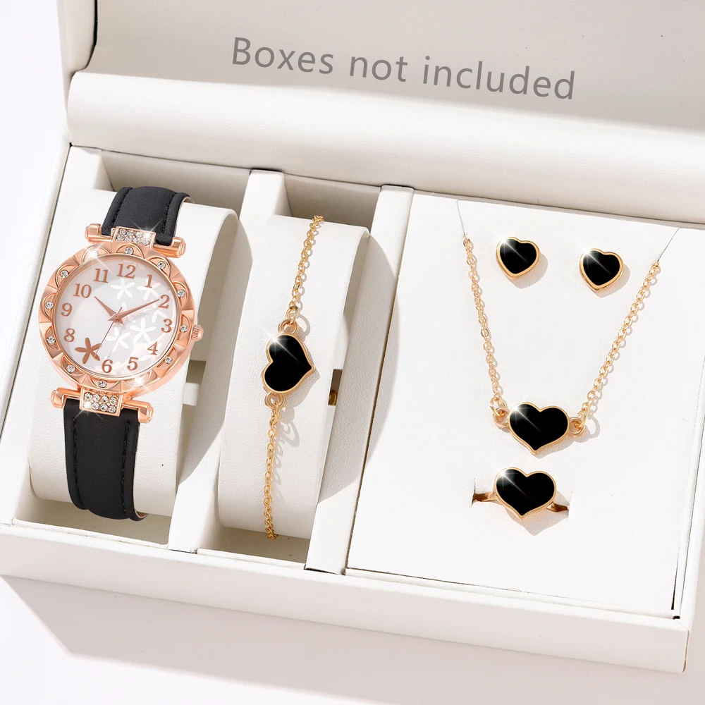 1PCS Simple Luxury Flower Element Leather Strap Watch Black Casual Fashion Quartz Watch Is The Perfect Gift For Her (No Box)