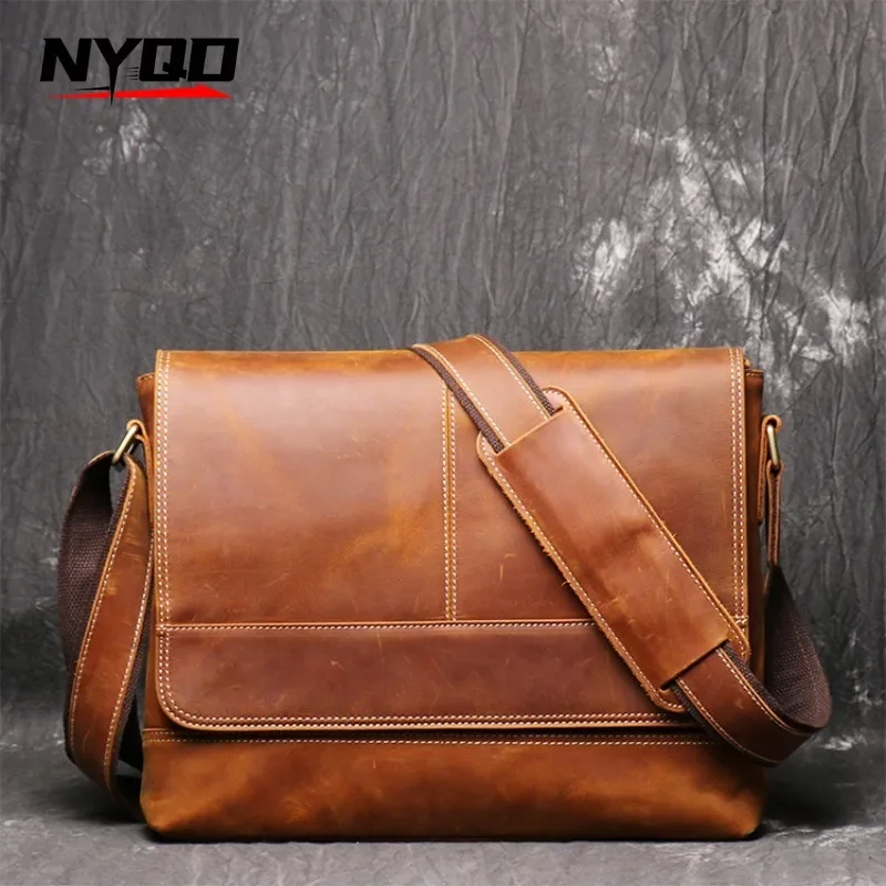 

Men's Shoulder Bag Retro Top Layer Cowhide A4 File Mens Brown Handmade Crazy Horse Leather Messenger Bag Повседневная Сумка