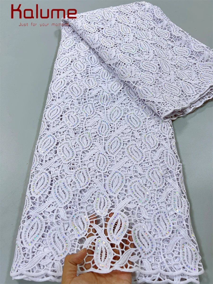 

2025 Pure White African Guipure Cord Sequins Lace Fabric Nigerian High Quality Water Soluble Lace Fabric For Bridal Dress F3610